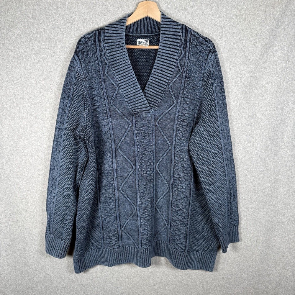 Duluth Trading Co Sweater Mens XXL Blue Cable Knit V Neck Pullover Cotton